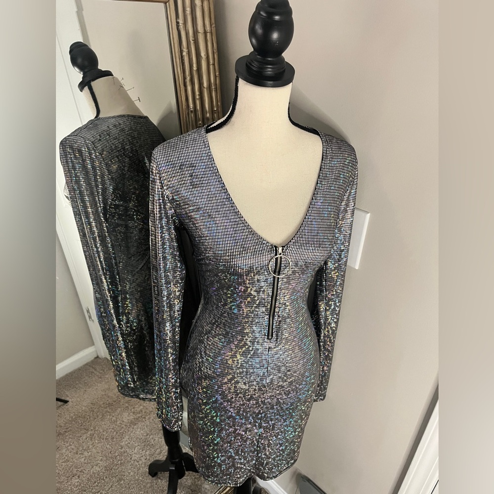 Fashion Nova Metallic Long Sleeve Dress